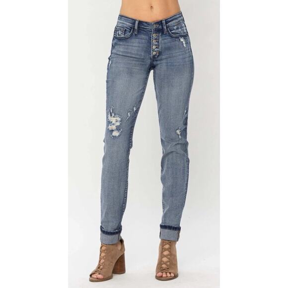 Judy Blue Mid Rise Button Fly Contrast Wash Distressed Boyfriend Fit Jeans 3/26 - Picture 1 of 11